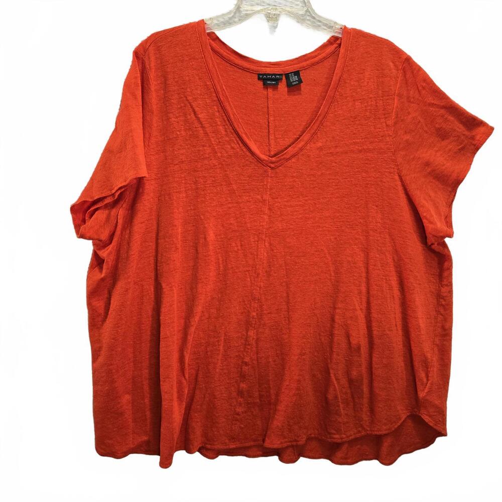 Tahari Women's Red Orange 100% Linen V-neck Short Sleeve T-Shirt Size 3X